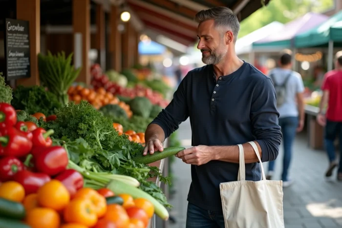 Homme choisissant des légumes frais au marché pour varier ses repas de la semaine