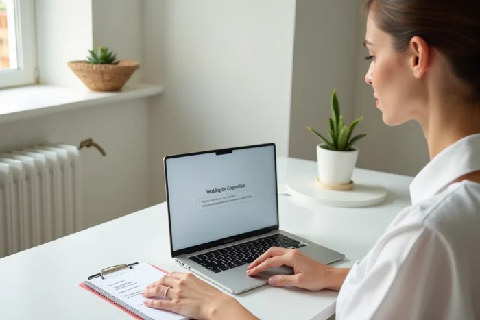 Femme créant une adresse email dédiée à l'organisation de son mariage sur ordinateur