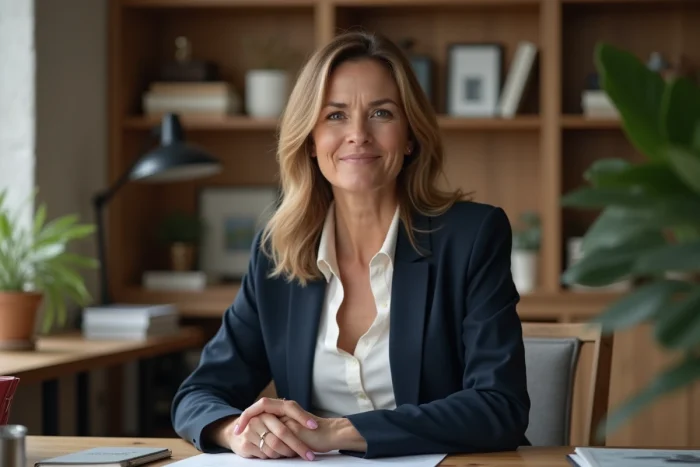 Femme confiante dans la trentaine assise à un bureau moderne, illustrant la vie privée et le parcours personnel de Charla Carter