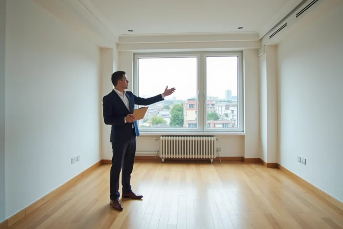 Agent immobilier présentant un appartement vide en location à un potentiel locataire