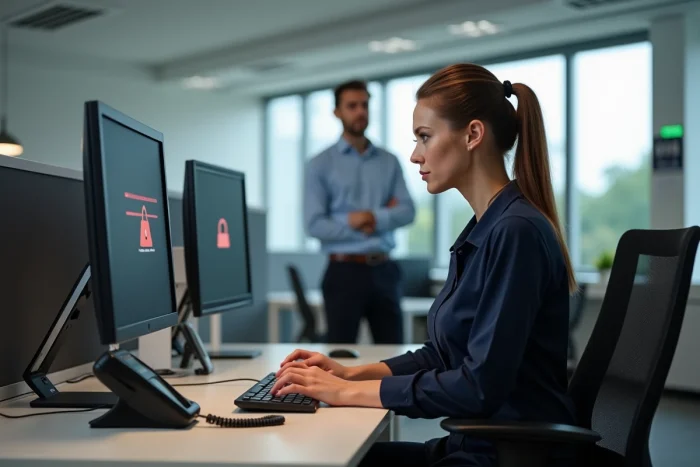 Agente administrative en bureau ouvert face à un écran d'erreur de connexion sur une plateforme e-learning de la police nationale, téléphone à portée de main pour contacter le support technique