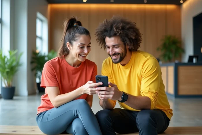 Deux amis consultant leur abonnement Basic-Fit sans engagement sur smartphone à l'accueil d'une salle de sport