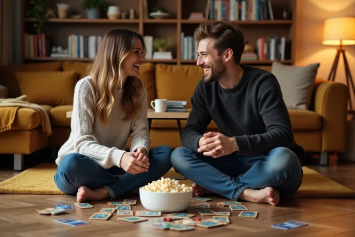 Deux amis jouant à un jeu de société chez eux, loisirs en intérieur pour profiter de moments conviviaux entre amis