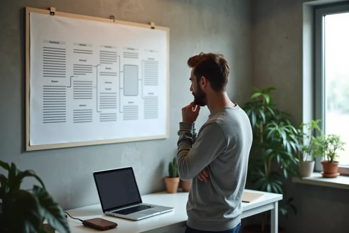 Homme analysant l'arborescence et les pages principales d'un site web imprimées sur un mur de bureau
