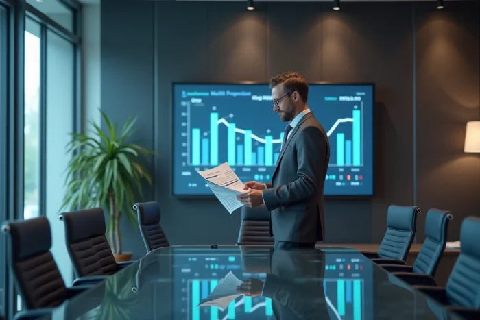 Homme en costume gris analysant des rapports financiers dans une salle de conférence moderne, évoquant l'analyse de patrimoine et de fortune