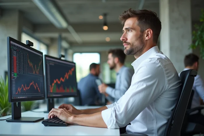 Analyste financier concentré devant des écrans affichant des données boursières et des projections de fortune dans un bureau moderne