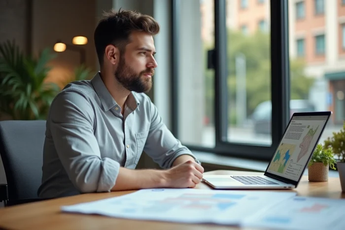 Analyste immobilier étudiant des cartes cadastrales et documents fonciers pour un investissement en terrain