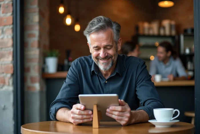 Homme consultant des annonces gratuites Wannonce sur une tablette dans un café urbain