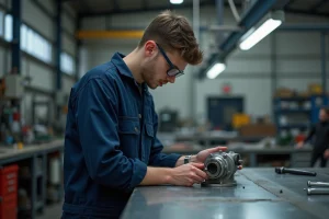 Apprenti seul en atelier mécanique inspectant une pièce métallique, obligations légales de l'entreprise