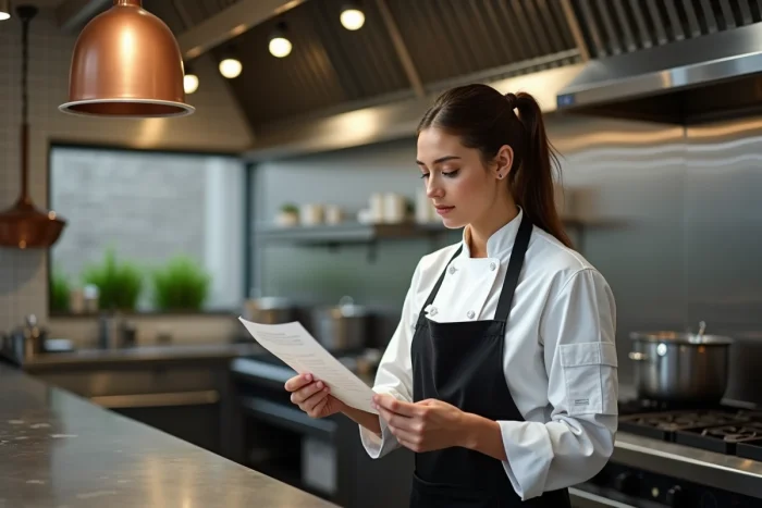 Apprentie seule en cuisine professionnelle lisant les consignes de sécurité, cadre légal de la supervision en entreprise