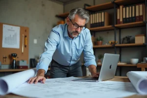 Architecte consultant des plans de construction et une plateforme numérique de gestion de projets sur ordinateur portable