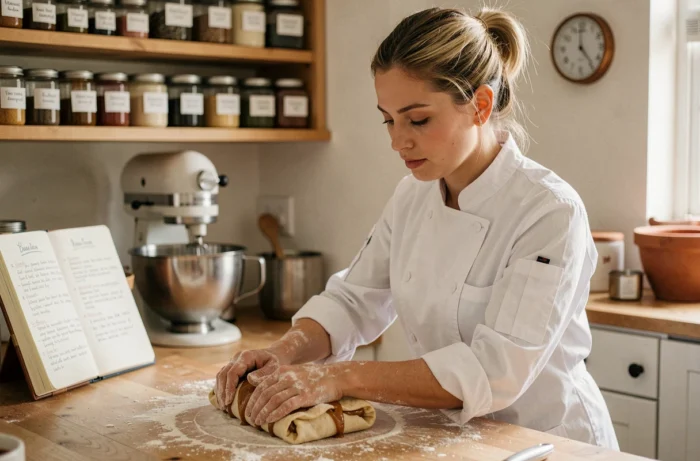 Jeune femme pétrit une pâte au caramel dans un atelier cuisine chaleureux et authentique