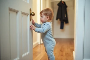 Bébé de 18 mois agrippant une poignée de porte ronde en laiton avec les deux mains, concentré et déterminé, dans un couloir de maison familiale