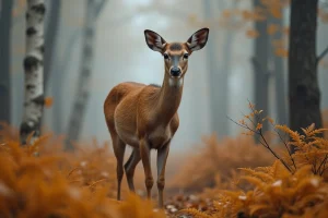Biche sauvage au bord d'une forêt brumeuse en automne, symbole de douceur et de spiritualité