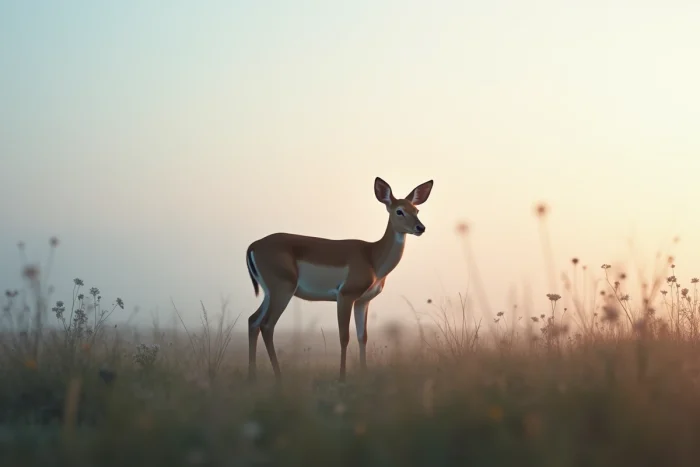 Biche solitaire dans une prairie au crépuscule, silhouette gracieuse évoquant paix intérieure et intuition