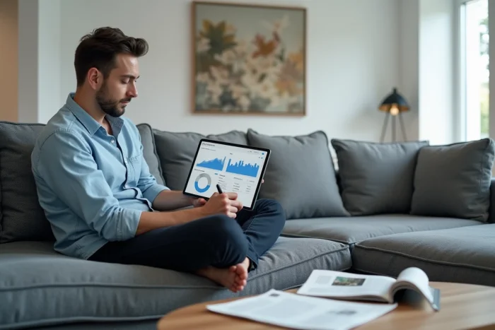 Homme consultant les statistiques de son blog sur une tablette dans un salon moderne aux tons neutres