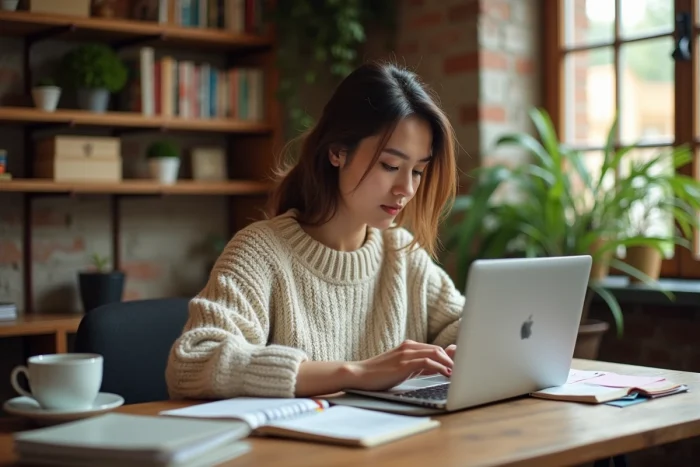Jeune femme blogueure travaillant sur son blog depuis un bureau en bois dans un bureau à domicile chaleureux avec un carnet de notes et un café