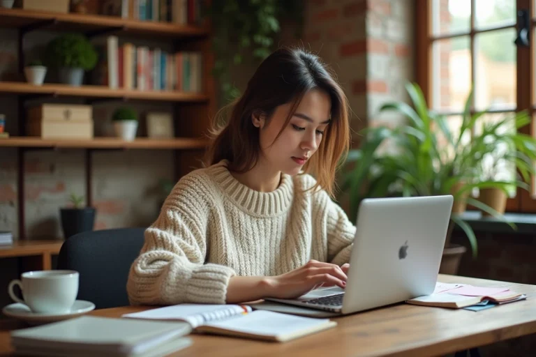 Jeune femme blogueure travaillant sur son blog depuis un bureau en bois dans un bureau à domicile chaleureux avec un carnet de notes et un café