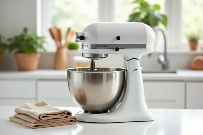 Bol en inox retiré et posé à côté d'un robot Kenwood sur un plan de travail de cuisine, vue de la procédure complète de démontage