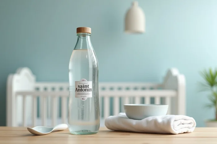 Bouteille d'eau Saint Antonin posée sur une table en bois à côté d'accessoires de puériculture pour bébé