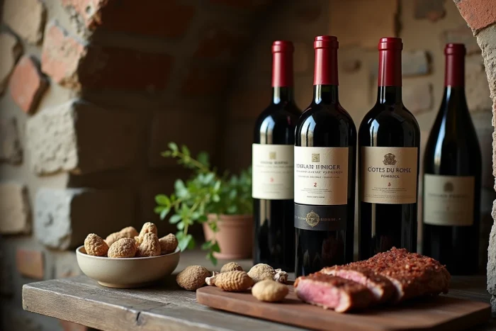 Trois bouteilles de vin rouge — Bourgogne, Côtes du Rhône et Pomerol — sur une étagère en chêne de cave à vin avec des morilles séchées et du veau cuit au premier plan