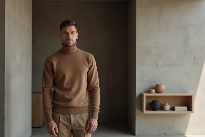 Homme vêtu d'un pull col roulé en cachemire brun froid désaturé dans un intérieur minimaliste béton, illustrant la tendance quiet luxury automne hiver 2025