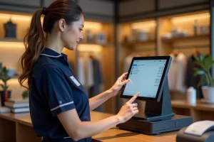 Caissière utilisant une caisse enregistreuse tactile moderne dans une boutique de détail organisée