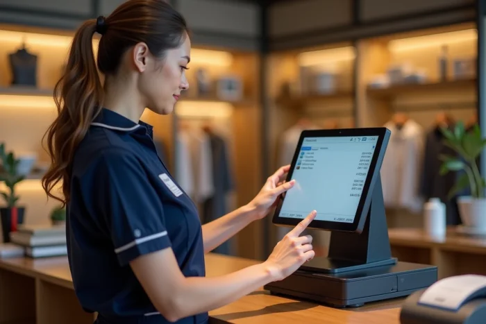 Caissière utilisant une caisse enregistreuse tactile moderne dans une boutique de détail organisée