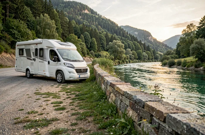 Petit camping-car garé en bord de rivière sur un parking naturel proche de la cascade du Hérisson dans le Jura