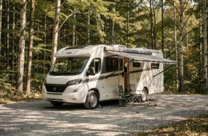 Camping-car stationné sur un parking ombragé en forêt près de la cascade du Hérisson dans le Jura