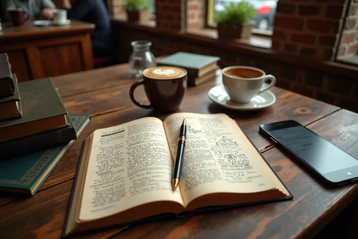 Carnet ouvert avec des notes manuscrites explorant l'origine et les usages du nom Sorlav posé sur une table en bois de café