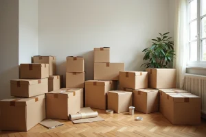 Salon encombré de cartons Ikea de toutes tailles lors d'un déménagement