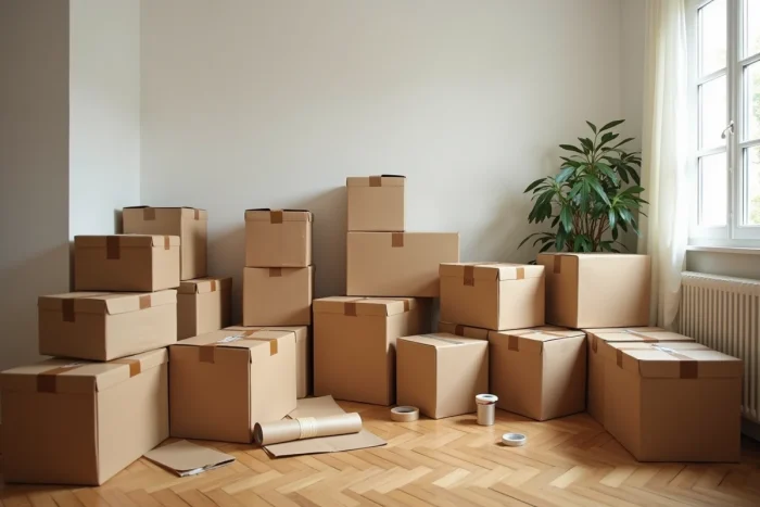 Salon encombré de cartons Ikea de toutes tailles lors d'un déménagement