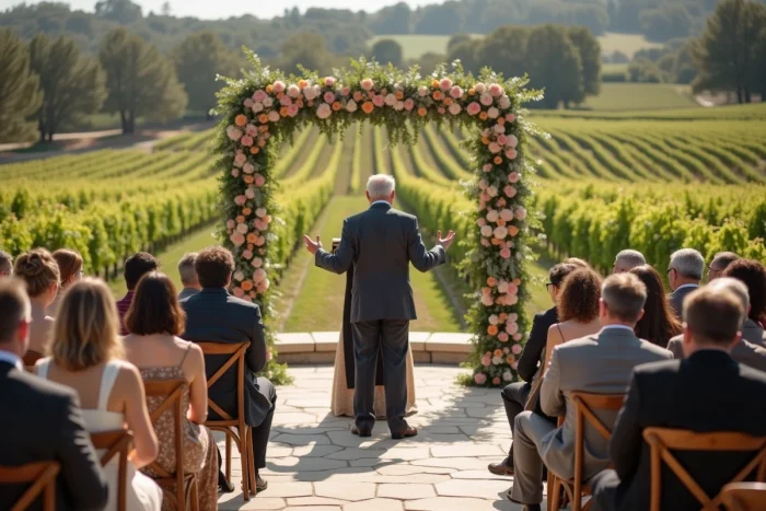 Cérémonie laïque de mariage mise en scène comme un spectacle dans un vignoble en plein air