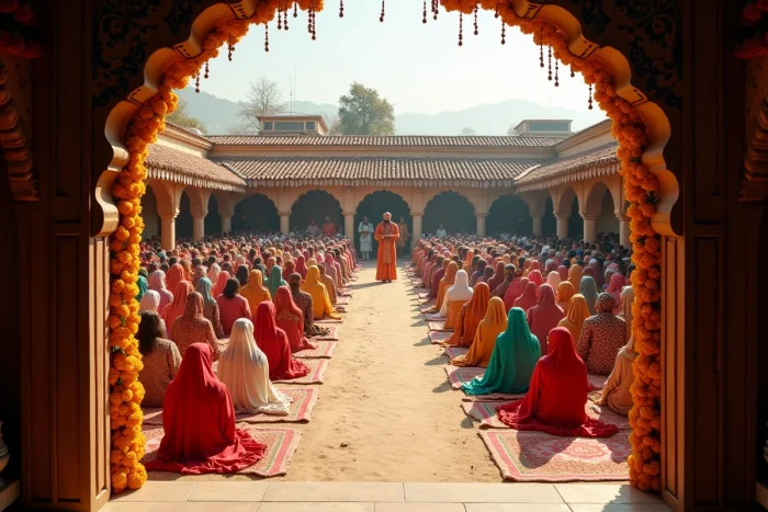 Cérémonie de mariage traditionnelle dans une cour rurale en Asie du Sud, avec des invités en tenues brodées colorées, représentant les pratiques matrimoniales communautaires et les mariages arrangés au sein de groupes fermés