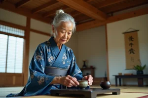 Femme japonaise âgée en kimono traditionnel pratiquant la cérémonie du thé dans une pièce tatami, illustrant la distinction entre tradition et coutume