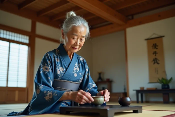 Femme japonaise âgée en kimono traditionnel pratiquant la cérémonie du thé dans une pièce tatami, illustrant la distinction entre tradition et coutume