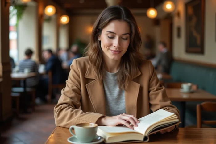 Femme feuilletant un journal personnel dans un café, symbolisant la recherche de la vérité sur l'âge et la vie privée de Charla Carter