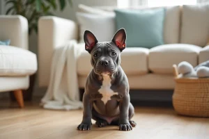 Chiot American Bully de 8 semaines assis sur un parquet en bois dans un intérieur moderne, avec un pelage gris bringé et une expression attentive