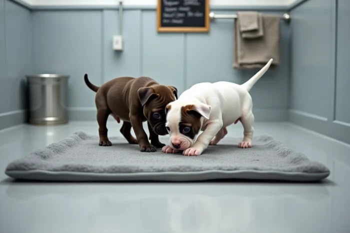 Deux chiots American Bully jouant ensemble sur un tapis de mise bas gris dans une nurserie d'élevage professionnelle et propre