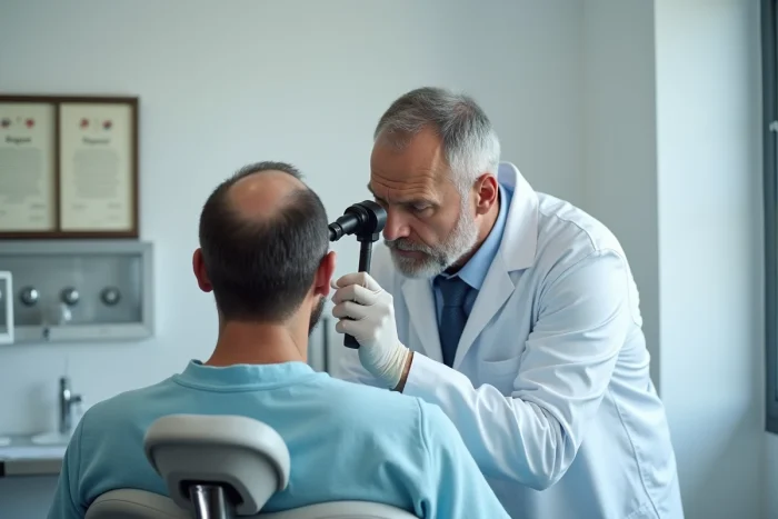Chirurgien spécialiste examinant le cuir chevelu d'un patient avant une greffe de cheveux en clinique