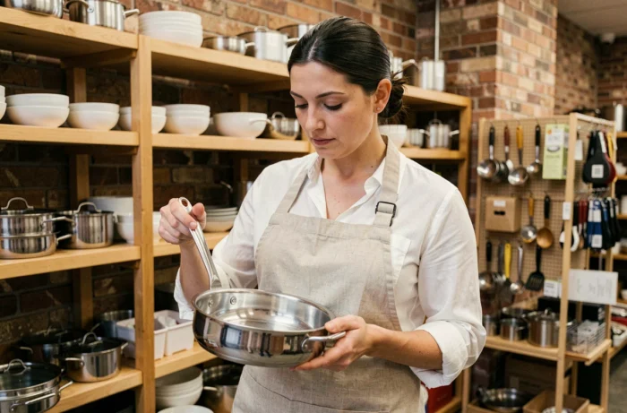 Femme inspectant une casserole en inox dans un magasin d'équipement de cuisine bien fourni