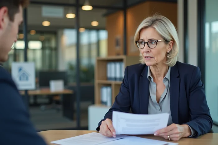 Cliente discutant d'un contrat de gestion locative avec un conseiller Foncia dans une agence immobilière moderne