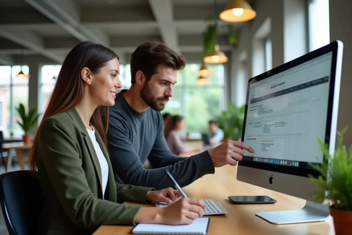 Deux collègues blogueurs collaborant devant un écran d'ordinateur affichant un calendrier éditorial dans un espace de coworking