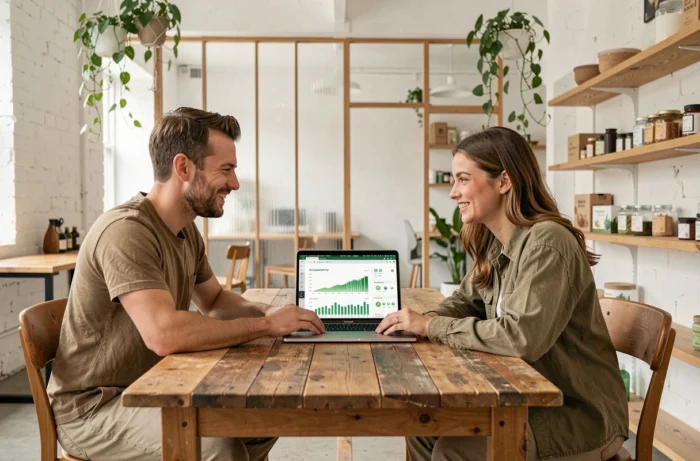 Deux professionnels collaborant sur des solutions d'économie verte et de gestion durable dans un espace de coworking éco-conçu