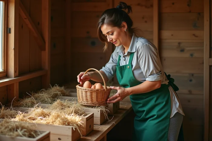 Femme en tablier vert ramassant des œufs bruns dans des nichoirs en bois garnis de paille à l'intérieur d'un poulailler, tenant un panier en osier