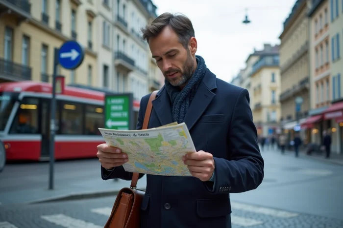Voyageur consultant un plan de rue à Genève pour trouver la nouvelle adresse du restaurant Dubraz