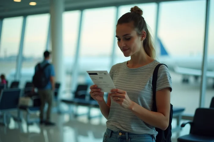 Jeune femme comparant sa carte d'identité et sa carte d'embarquement devant une porte d'embarquement dans un aéroport