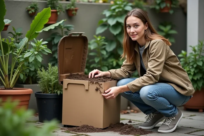 Femme compostant de petits morceaux de carton Ikea dans un bac à compost