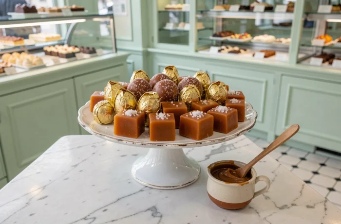 Assortiment de confiseries au caramel artisanales sur un présentoir en porcelaine dans une pâtisserie parisienne